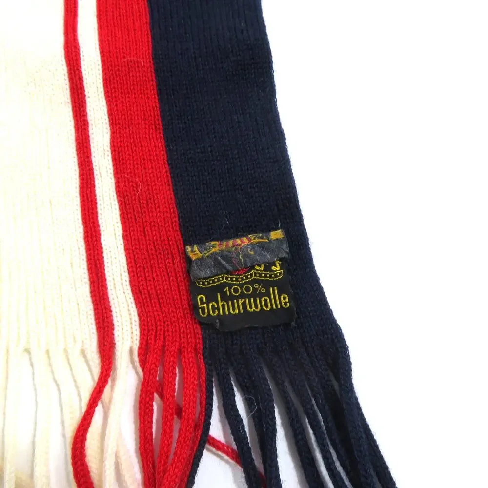 Schurwolle Wool Scarf With Fringe 52x9 Navy Blue Ivory Red Striped 1960s Vintage